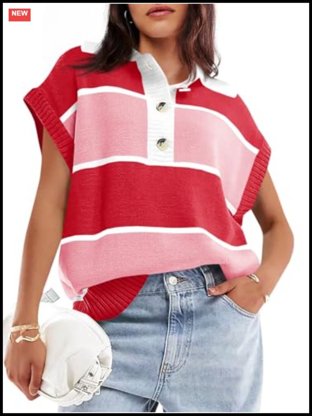 Striped V-Neck Button Down Short Sleeve Knit Sweater Women Lightweight